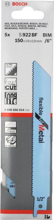 Produktbild Bosch Professional Zubehör Säbelsägeblatt S 922 BF, Flexible for Metal, 5er-Pack