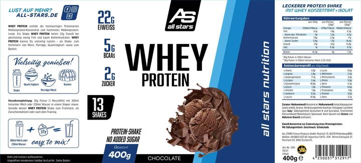 Valeurs nutritives et ingrédients All Stars 100% Whey Protein (boîte de 400G) (Chocolate, 1 pcs, 400 g)