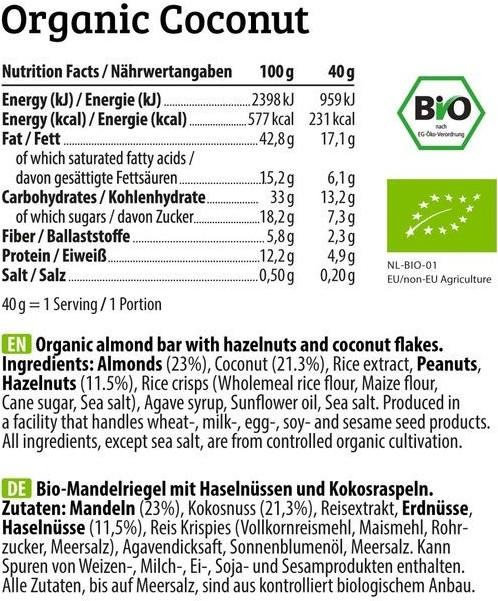 Valori nutrizionali e ingredienti HEJ Nutrition Morso (40g) (Mandorle e sale marino, 1 pz., 40 g)