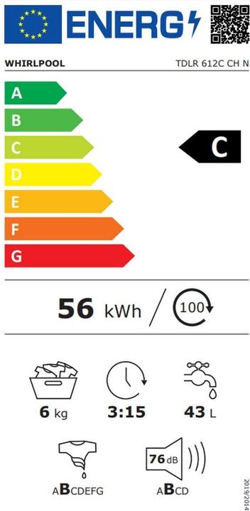 Energy Label Whirlpool TDLR 612C CH N (6 kg, Upwards, CH plug)