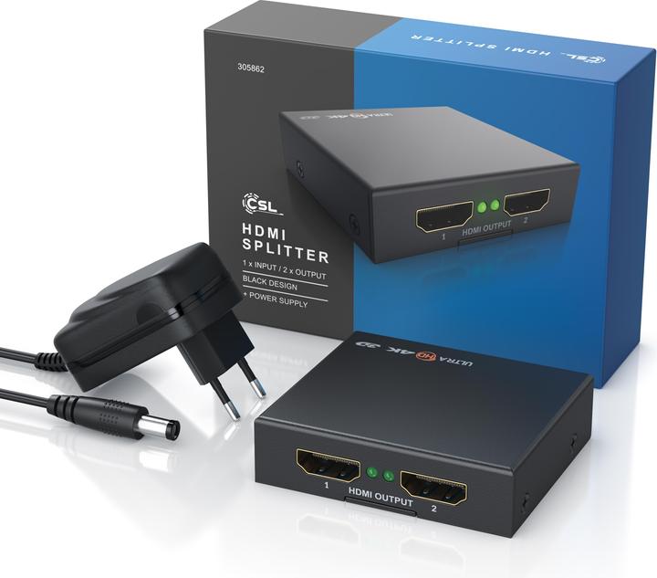 Actual product image CSL HDMI splitter, mini 4K UHD 2-port splitter 1x HDMI input to 2x HDMI output, Ultra HD 2160p