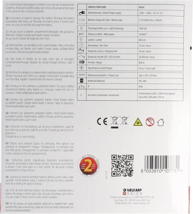 Produktbild Velamp Wiederaufladbarer 10W LED-Strahler mit rotem Blinklicht (800 lm)