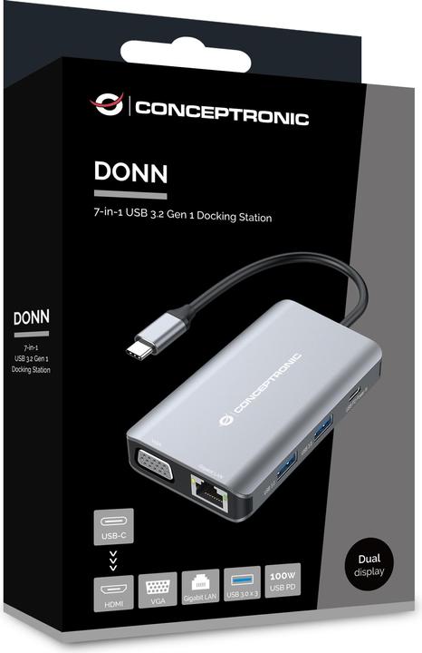 Actual product image Conceptronic Dock USB-C->HDMI,VGA,GbE,3xUSB3.0,100WPD 0.25m (USB-C, 6 Ports)