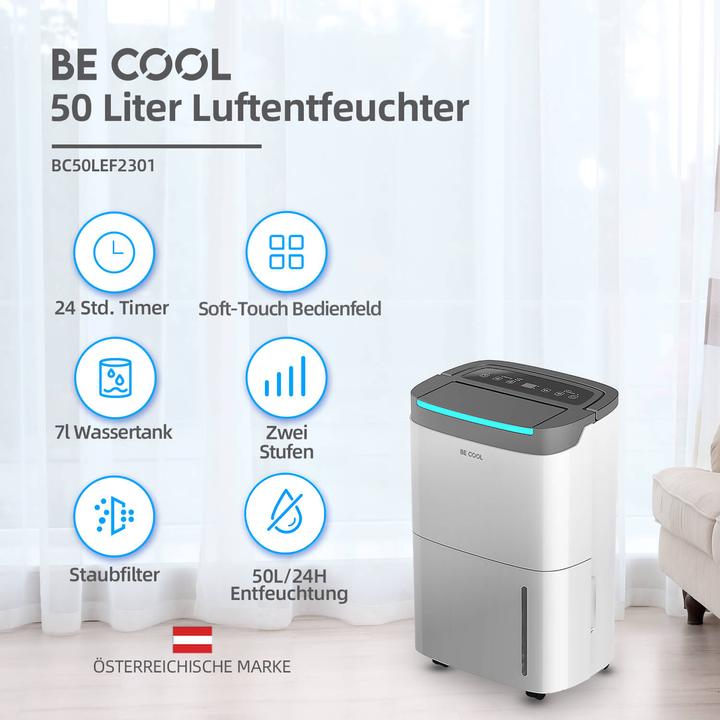 Actual product image Be Cool BC50LEF2301 Luftentfeuchter weiss, bis zu 50 Liter pro Tag, bis zu 50m² (50 m², 50 l/24h)
