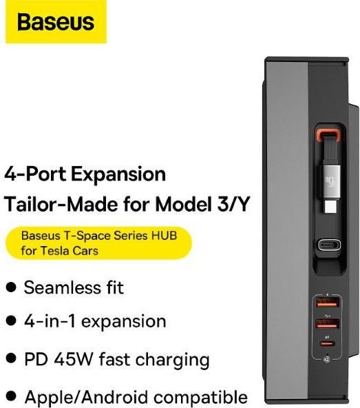 Energy Label Baseus T-Space Series USB HUB for Tesla Model 3 / Y with Built-in 45W USB C Cable - Black