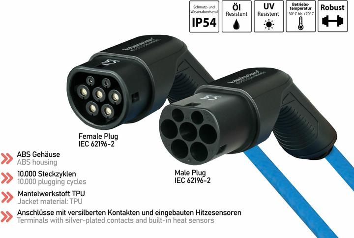 Produktbild Kabelmeister E-Auto-Spiralladekabel, Typ 2 Stecker an Buchse, 16 A, 5 m, blau (Typ 2, 11 kW, 16 A, 5 m)