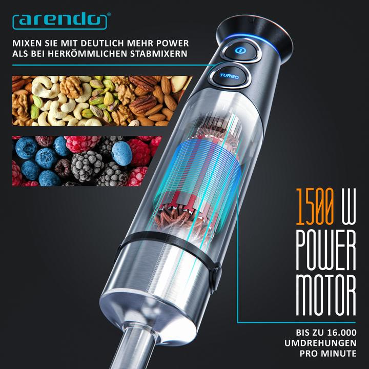Produktbild Arendo Stabmixer Edelstahl, 1500 W, elektrischer Pürierstab, stufenlose Geschwindigkeit + Turbotaste