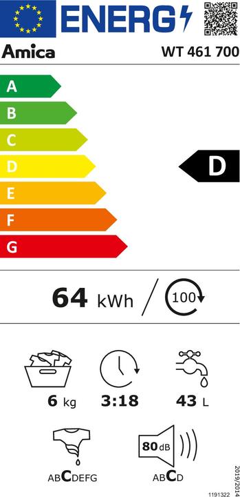 Energy Label Amica Top Loader Washing Machine WT 461 700 Capacity 6 kg 1000 rpm (6 kg, Upwards)