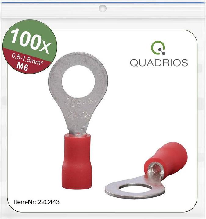 Produktbild Quadrios 22C443 Ringkabelschuh Querschnitt (max.)=1.5 mm² Loch-Ø=6.5 mm Teilisoliert Rot 1 Set