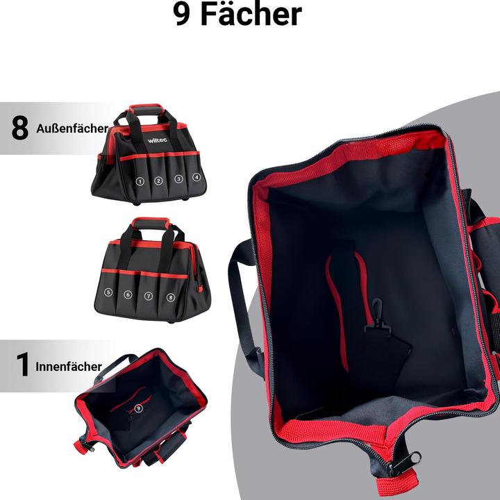 Produktbild Wiltec Werkzeugtasche 30,5x23x25,5cm Arbeitstasche 9 Fächer Werkzeug Tasche Gurt