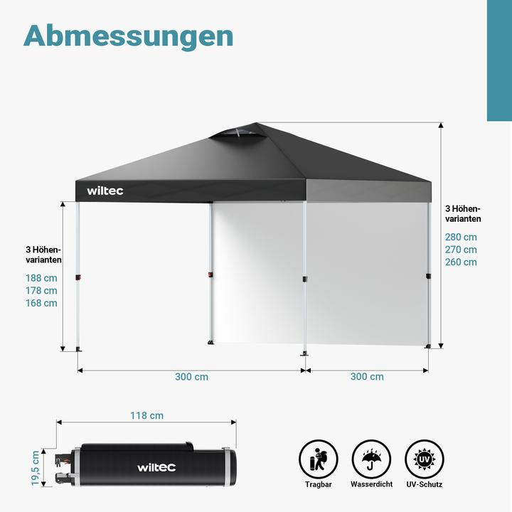 Produktbild Wiltec Pop up Pavillon 3x3m grau Seitenteil Räder Gartenpavillon Faltpavillon (300 cm, 300 cm)