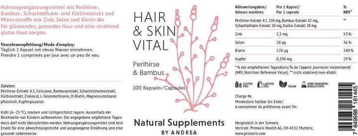 Valori nutrizionali e ingredienti Natural Supplements by Andrea Capelli e Pelle Vital (100 Pezzo/i, Pillole, 154 g)