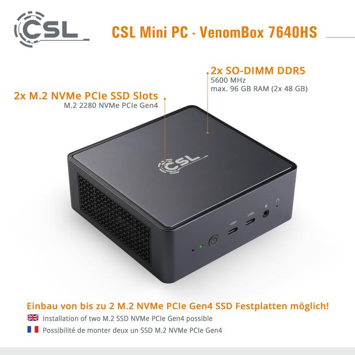 Actual product image CSL Mini-PC VenomBox 7640HS / 32GB / 500 GB M.2 SSD / Windows 11 Pro (AMD Ryzen 5 7640HS, 32.77 GB, 500 GB)