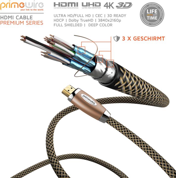 Immagine prodotto Primewire Cavo HDMI 2.0b - 4k Ultra HD 2160p - 3D - rivestimento in nylon - spina in metallo - 3 x schermato (1 m, HDMI)