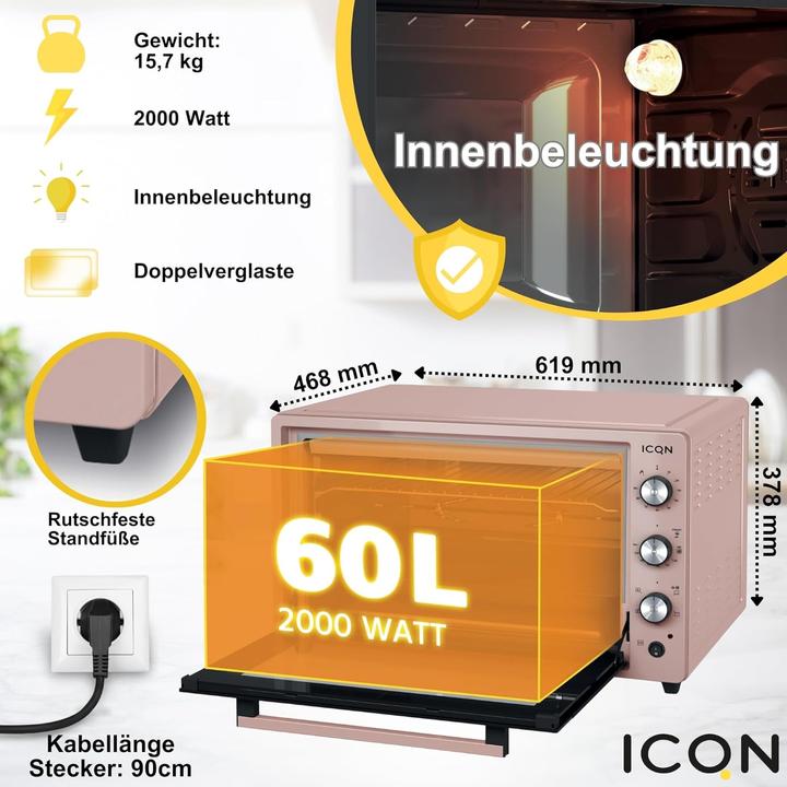 Immagine prodotto Icqn XXL Vrijstaande Oven - 60L - Convectie Mini Oven - Hetelucht /u0026 Grillfunctie - Gemailleerde Holt
