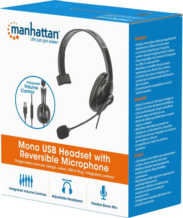 Actual product image Manhattan Mono USB headset with reversible microphone (Cable)