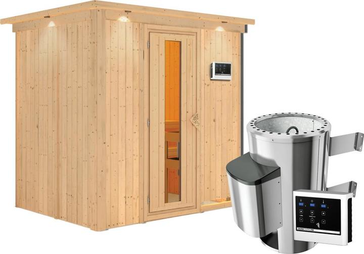 Actual product image Karibu Sauna Benin front entry, wreath (Plug & Play 3.6 KW external control)