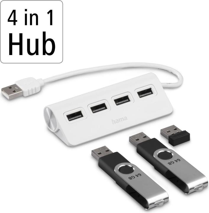 Produktbild Hama USB-A-Hub, 4 Ports, USB 2.0, 480 Mbit/s, Weiss (USB-A, 4 Ports)