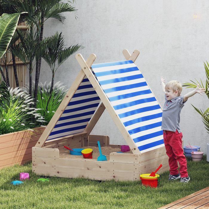Produktbild Swisshandel24 Sandkasten mit Zeltdach, 120 x 120 cm Sandkiste aus Holz mit Bodenplane Natur