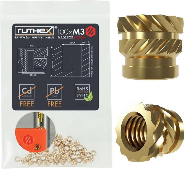 Produktbild Ruthex M3 Gewindeeinsatz für VORON - 100 Stück RX-M3x5x4 Gewindebuchsen aus Messing