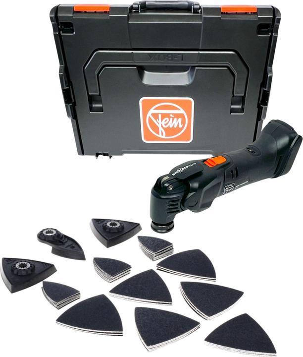 2x Delta Schleifplatten ungelocht 80 mm, 10x Schleifblätter K80 für Schleiffinger, 10x Schleifblätter K80 für Schleifplatte, 10x Schleifblätter K120 für Schleifplatte, 1x Schleiffinger, 1x Box, 10x Schleifblätter K60 für Schleifplatte, 10x Schleifblätter K60 für Schleiffinger, 10x Schleifblätter K120 für Schleiffinger, 1x L-BOXX 136, 1x Fein Akku Multimaster AMM 500 Plus AS Multifunktionswerkzeug 18 V, 1x FEIN Best of Starlock Sanding Schleif Zubehör Set 63 tlg.