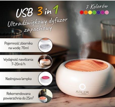 Image du produit Adler AD 7969 USB Diffuseur d'arôme ultrasonique 3en1, Blanc (70 ml)