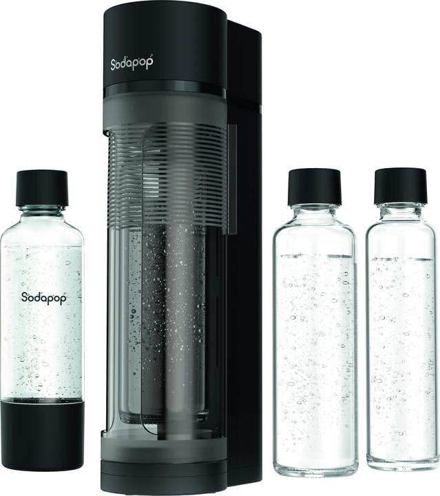 Sodapop fontaine à eau noir mat avec 2 bouteilles en verre + 1 bouteille PET