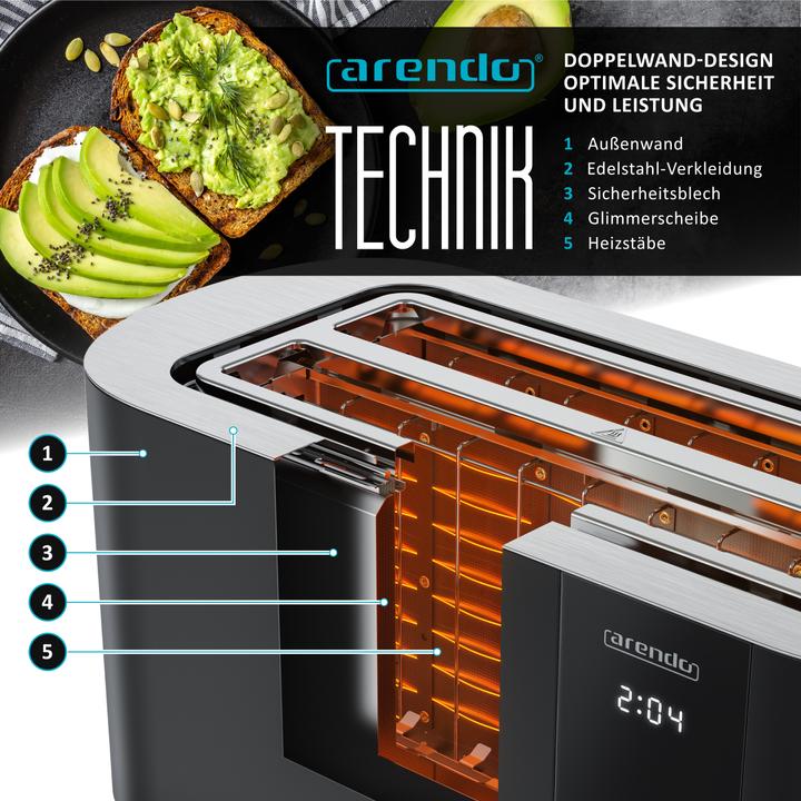 Immagine prodotto Arendo Toaster Edelstahl 4 Scheiben Langschlitz, Restzeit & Bräunungsgradanzeige, Touch Display, 1500 W