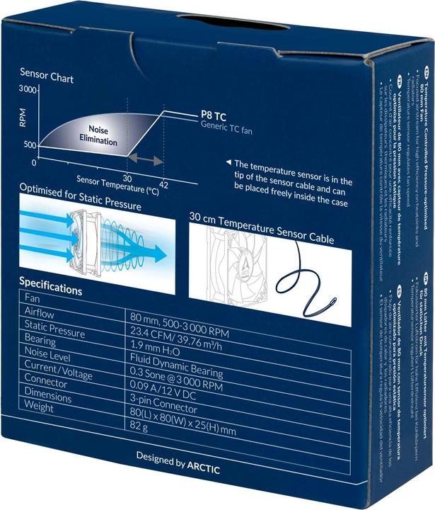 Produktbild Arctic P8 TC 80 mm Lüfter optimiert für statischen Druck mit Temperaturkontrolle (80 mm, 1 x)