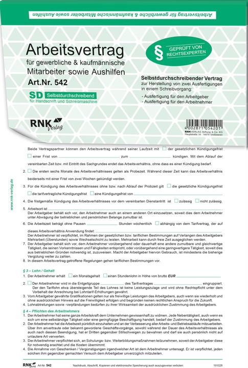Produktbild Rnk Verlag Vordruck Arbeitsvertrag gewerblich/kaufm„nnisch (2 x)