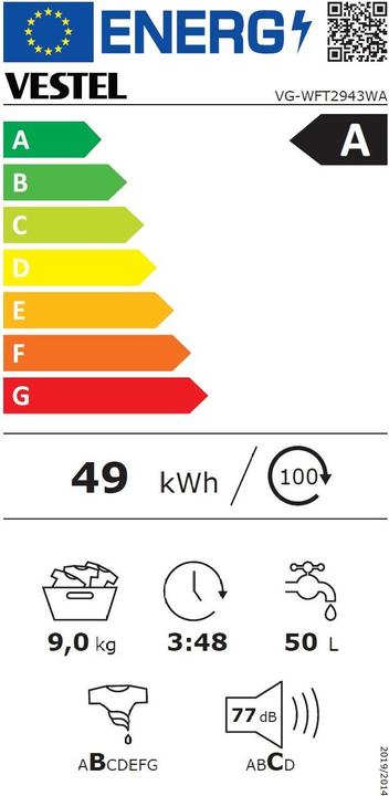 Label énergétique Vestel VG-WFT2943WA (9 kg, Gauche)