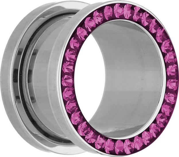 Star Piercing Flesh Tunnel silber mit Kristall fuchsia und Epoxy Schutzschicht (ohne Messing, Chirurgenstahl 316L)