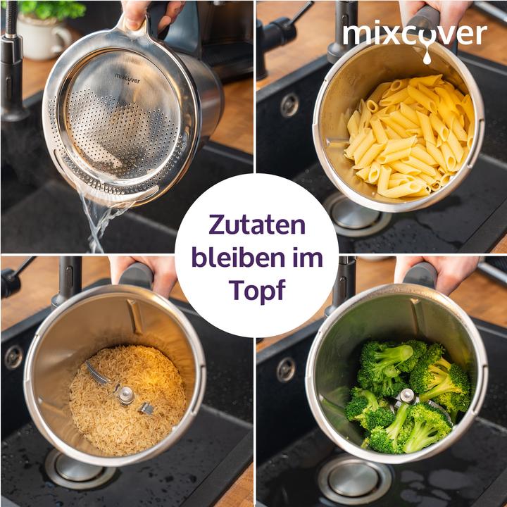 Produktbild Mixcover Edelstahl Sieb Abgiess-Hilfe Wiegeteller Spritzschutz für Thermomix TM6 und TM5