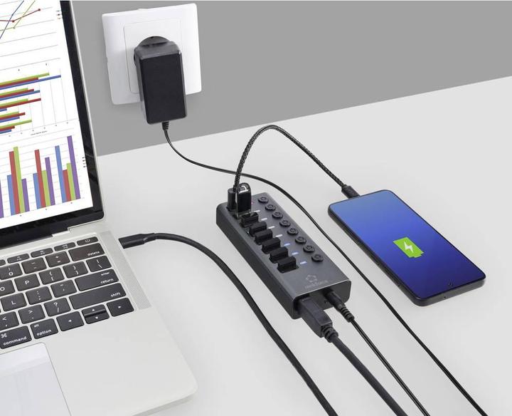 Actual product image Renkforce RF-HUB-380 8 Port USB 3.2 Gen 1 Switch + Hub (USB 3.0) with Aluminium Housing Silver-Sc (USB-A, 8 Ports)