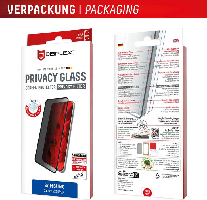 Image du produit Displex Privacy Glass, Privacy Full Cover Panzerglas (1 pièce(s), Samsung Galaxy S25 Edge)
