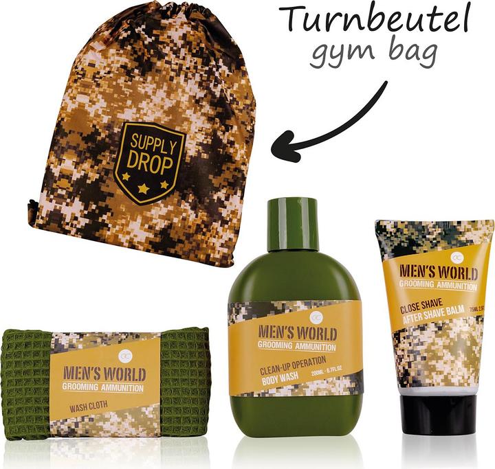Actual product image Accentra MEN'S WORLD bath set in gym bag with camouflage print, incl. 200ml Body Wash, 75ml After Shave Balm (Shaving set)