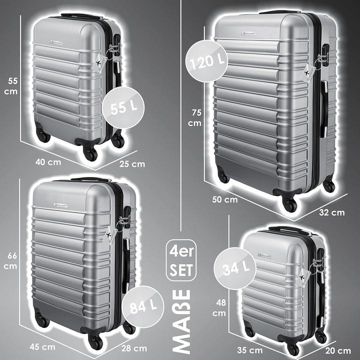 Immagine prodotto Kesser 4-teiliges ABS-Hartschalenkofferset (120 l, Bagaglio a mano (fino a 50 litri), M (50 - 90l), XL (da 115l))