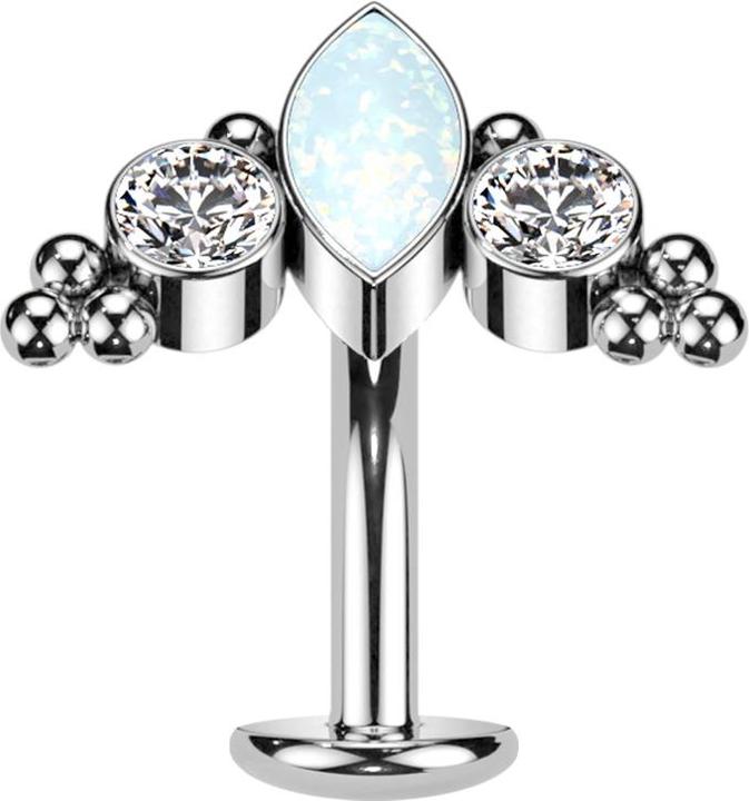 Immagine prodotto Star Piercing Threadless Labret-Stab Banane silber Ovaler Opal weiss und zwei Kristalle silber (Titanio G23)