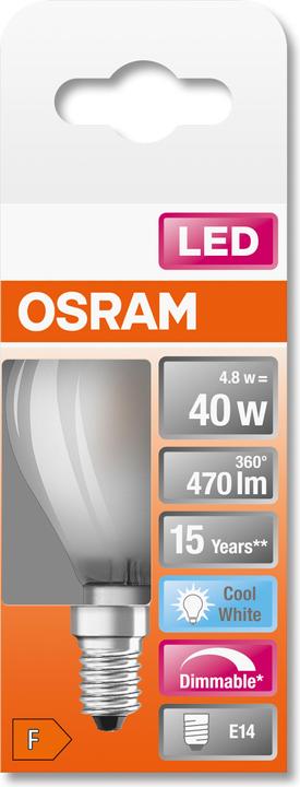 Immagine prodotto Osram LEDSCLP40D 5W/840 230VGLFR E14 10X1OSRAM (E14, 4.80 W, 470 lm, 1 x, F)