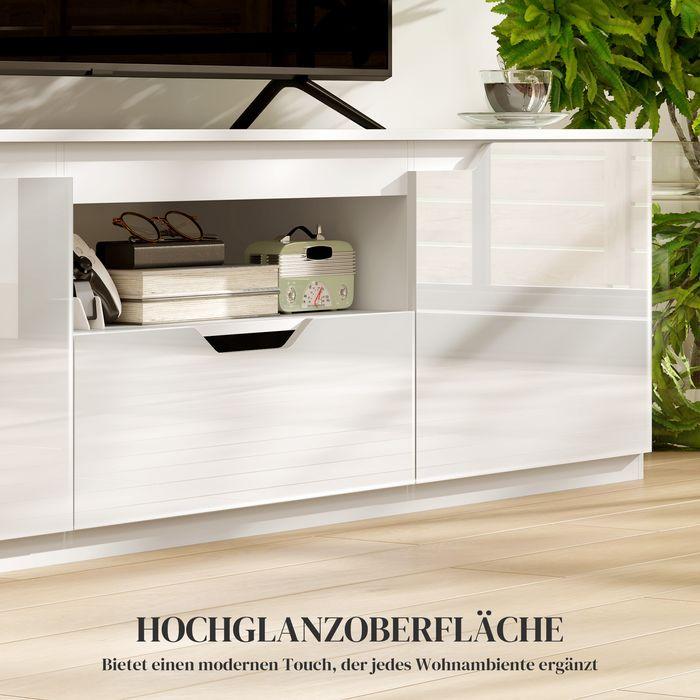 Actual product image Swisshandel24 Hochglanz TV-Lowboard für Fernseher bis 65 Zoll, 3 Fächer, Schublade, Weiss (160 x 38 x 43 cm)