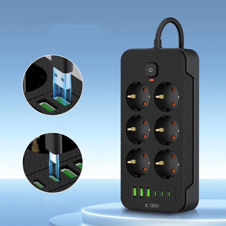 Produktbild Tech-Protect PC6X6 Power Strip 6 Sockets 240V + 3xUSB-A + 3xUSB-C 200cm - Black (6 x, USB-A, USB-C, 2 m)