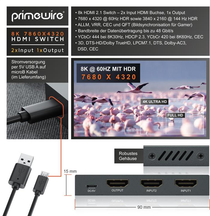 Produktbild Primewire 2-Port HDMI 2.1 Switch, 8K Umschalter, 2 in 1 Out UHD, Splitter mit Fernbedienung, UHD 8k 4k 60 Hz