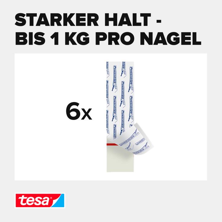 Produktbild tesa Powerstrips für Tapete & Putz, 1kg Halteleistung, 6x doppelseitige Klebestreifen