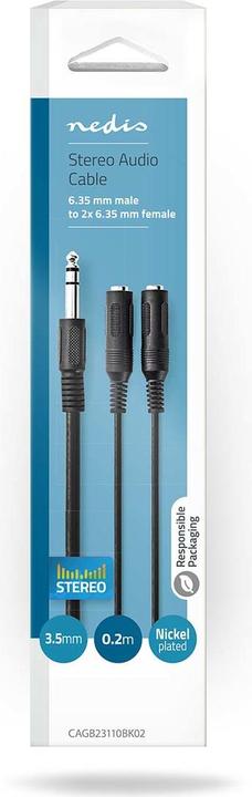 Actual product image Nedis Stereo audio cable | 6.35 mm male | 2x 6.35 mm female | Nickel-plated | 0.20 m | Round | Black (0.20 m)