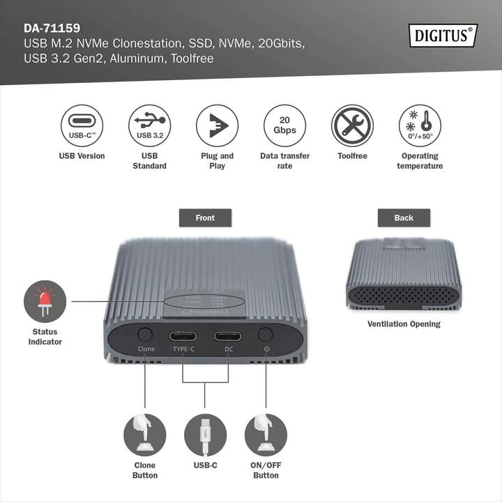 Image du produit Digitus Station de clonage USB M.2 NVMe, SSD, NVMe, 20Gbits, USB 3.2 Gen2, aluminium, toolfree (M.2 2280, M.2 2260, M.2 2242, M.2 2230)