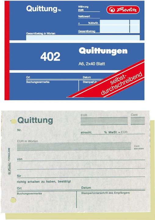 Energie-Label Herlitz Formularbuch "Quittung 402", DIN A6, 2 x 40 Blatt (80 x)