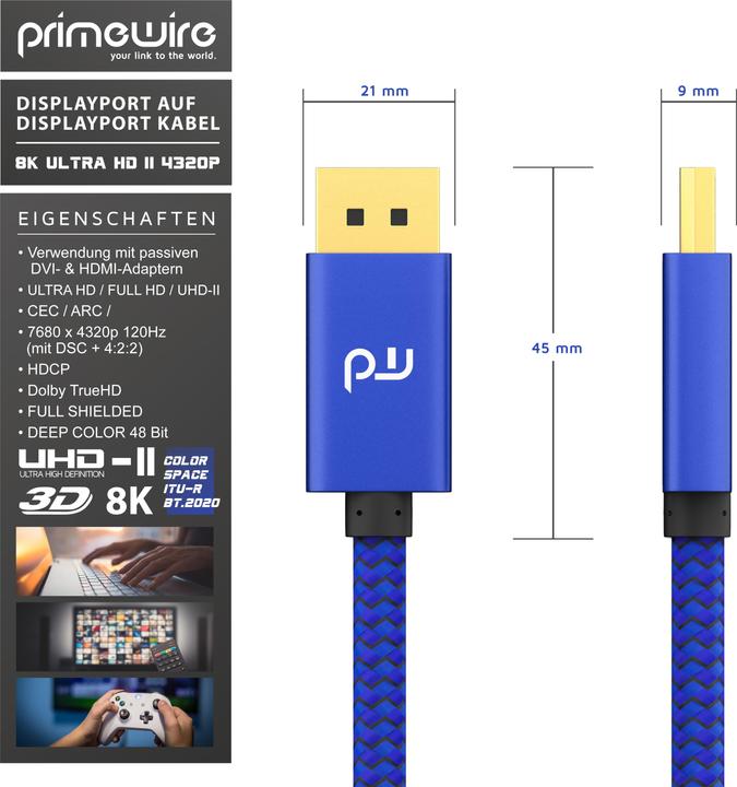 Produktbild Primewire DisplayPort Kabel, 8K Premium DP 1.4 Monitor Kabel, 8k 7680x4320 @ 60 Hz / 4k 3840 x 2160 120Hz (1 m, DisplayPort)