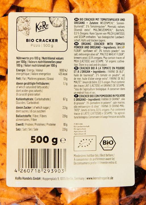Valeurs nutritives et ingrédients KoRo Crackers bio à la poudre de tomate et à l'origan (500 g)