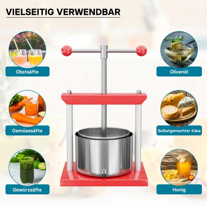Produktbild Wiltec Obstpresse Weinpresse Stahl 6L Edelstahlkorb Fruchtpresse Beerenpresse