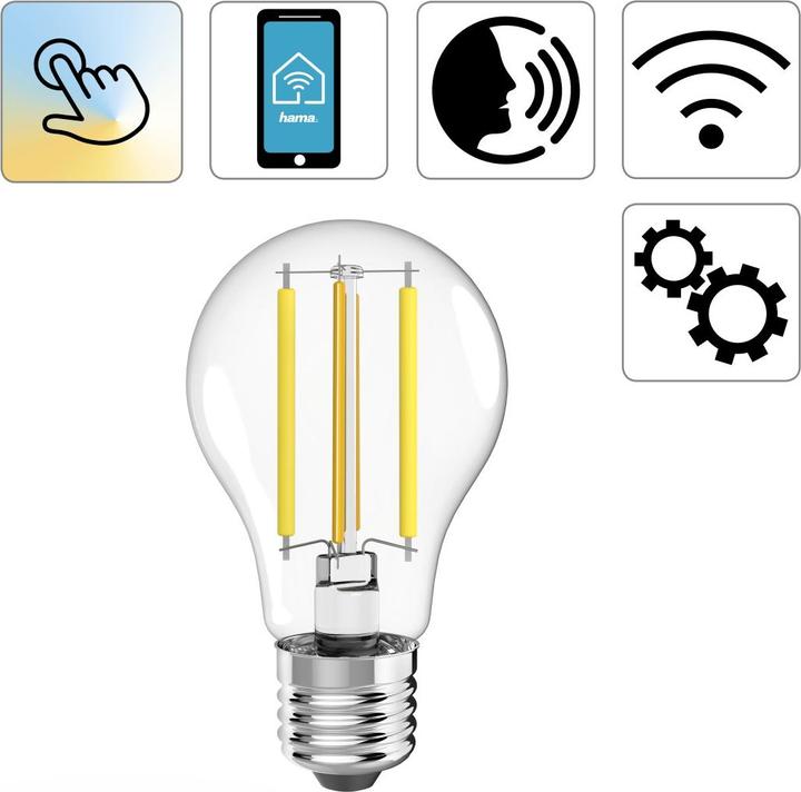 Immagine prodotto Hama Lampada LED WLAN, retro, E27, 7W, dimmerabile, per controllo vocale/app, bianco (E27, 7 W, 806 lm, 1 x, E)